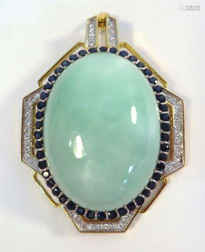 Fine Jade Pin With Sapphires & Diamonds