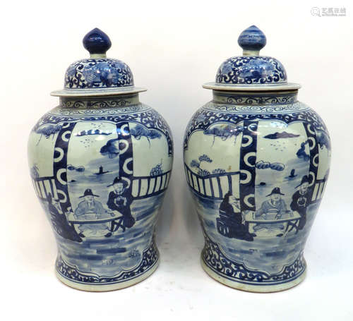 Pair Of Blue & White Lidded Ginger Jars