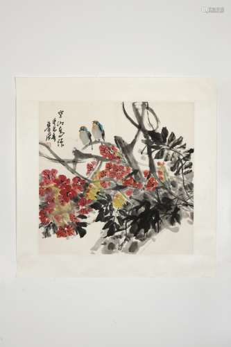 Chinese Painting By Lu Fengkong, Birds On Flower