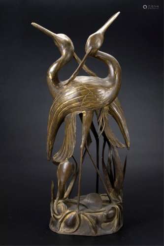 Chinese Gilt Bronze Sculpture Of 2 Cranes