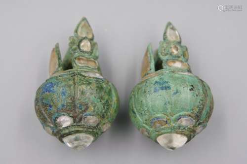 CAMBODIAN ANGKOR BRONZE INLAID CRYSTAL EARRINGS