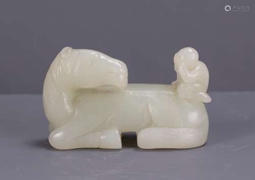 CHINESE WHITE JADE MONKEY ON HORSE BACK