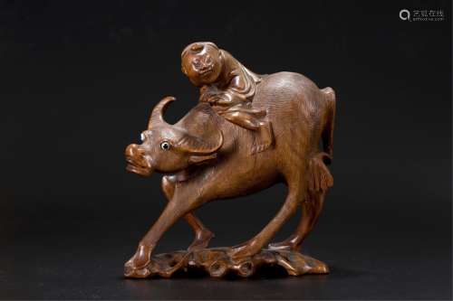Chinese Huangyang Wood Carved Boy On Water Buffalo