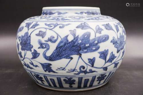 Chinese Ming Dynasty Blue And White Jar, Phoenix