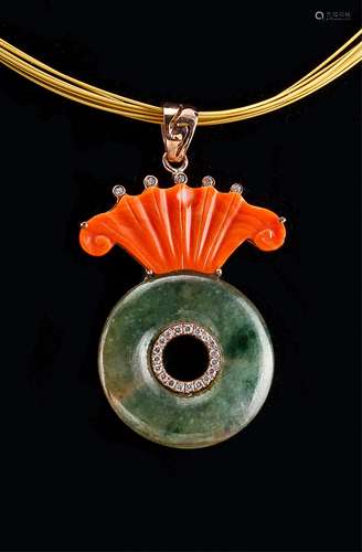 18K ROSE GOLD DIAMOND JADEITE CORAL PENDANT