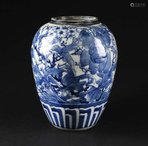 Japanese Blue&White Flowers Jar Meiji Period