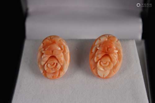 Pair of 14K Gold&Pink Color Coral Carved with flower Earing