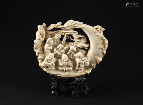 Japanese Mammoth Ivory Carved Seven Lucky Gods Item