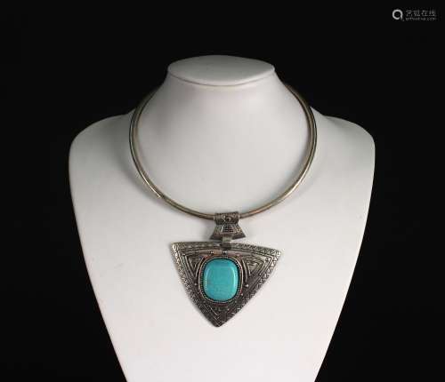 Silver Inlaid with Turquoise Pendant and Necklace