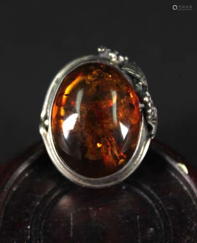 Silver Inlaid with Amber Ring