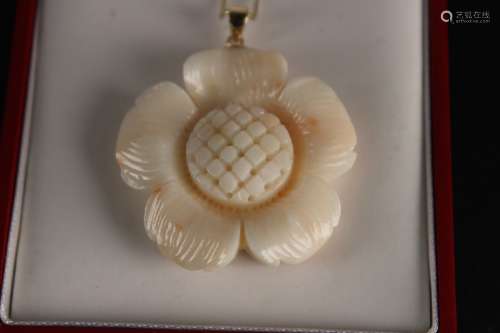 14K Gold&Pink Color Coral Carved with Sunflower Pendant