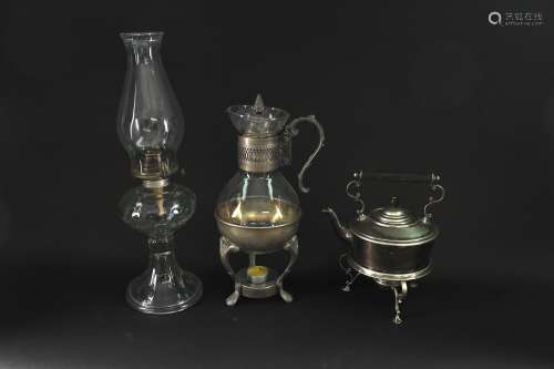 Antique E.P Silver Tea Pot, Glass Milk Pot & Kerosene Lamp