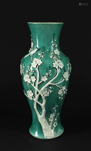 Green Glaze Magpie and Plum Vase late Qing Dynasty Period