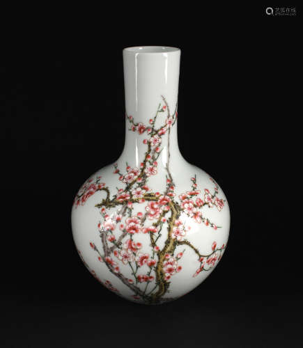Fine Famille Rose Plum Bottle Vase Made in 1952