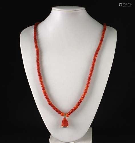 18K Gold Inlaid Coral Buddha Pendant and Coral Necklace