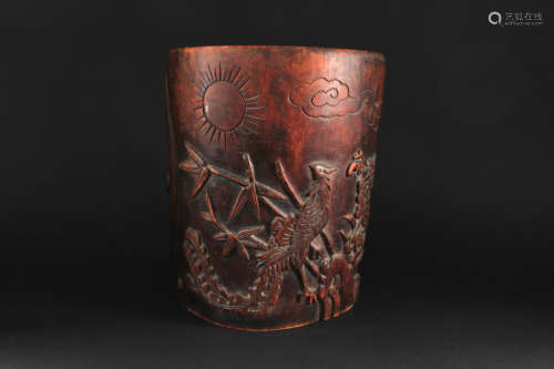Huali Wood Carved Phoenix&longevity Brush Pot Republican