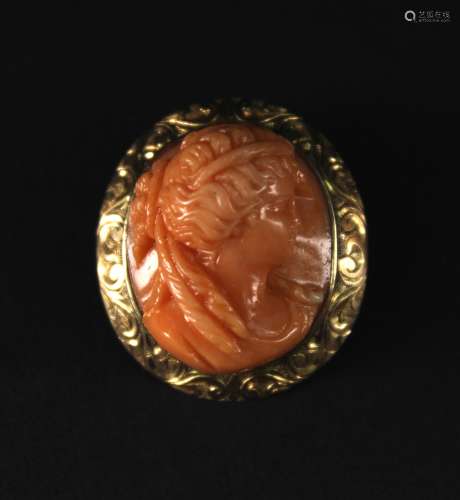 14K Gold Inlaid with a Carved Girl Head Red Coral Brooch