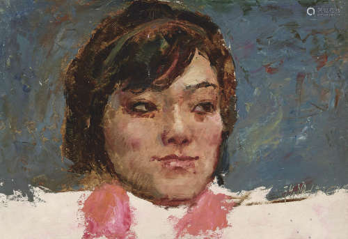 张谊 1976年作 兰灰色背景的头像 纸板油彩