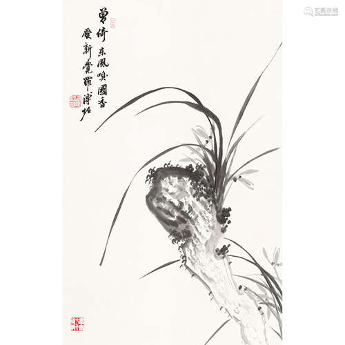 溥佐（1918-2001）兰草图纸本水墨立轴附鉴定证书