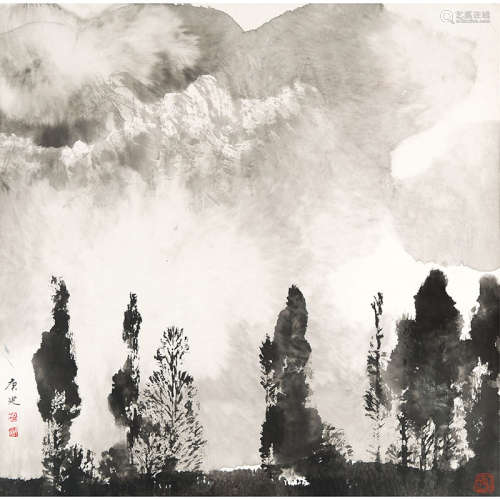 白庚延（1940-2007）听风观云纸本水墨托片