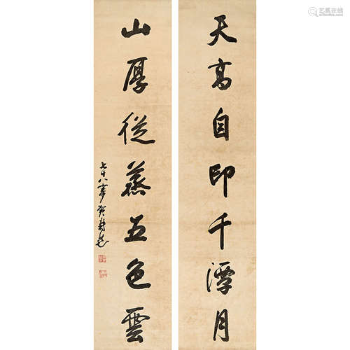 贺寿慈（1810-1891）五言对联纸本水墨立轴