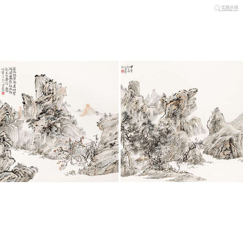 何宁（b.1975）山水纸本设色托片2013年作/2014年作