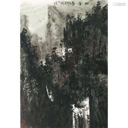 纪振民（b.1938）山居图纸本设色镜框2002年作