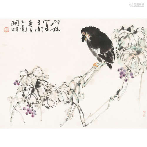 萧朗（1917-2010）花鸟纸本设色镜框