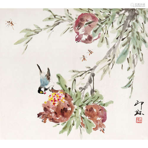 萧朗（1917-2010）石榴小鸟纸本设色托片