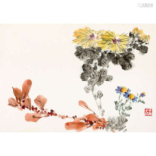 萧朗（1917-2010）菊花纸本设色镜心