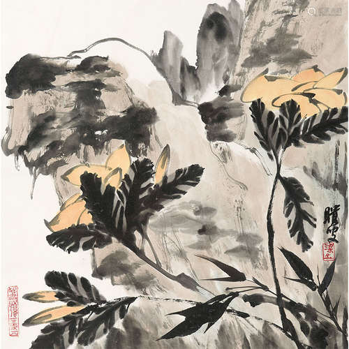 梁崎（1909-1996）花卉纸本设色镜框