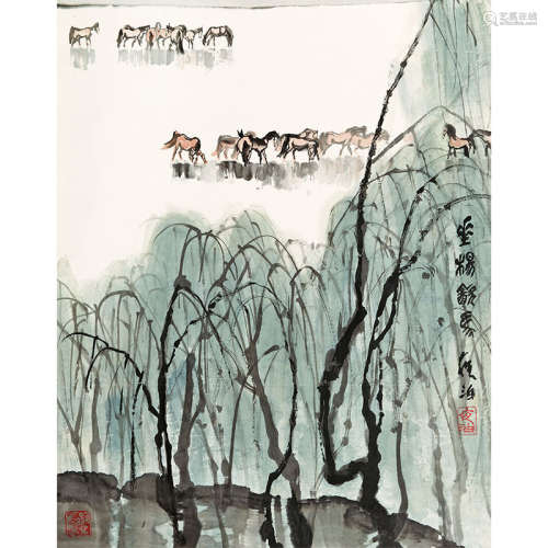 王学仲（1925-2013）垂杨观马纸本设色立轴