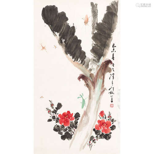 萧朗（1917-2010）蕉荫赏春纸本设色托片1979年作