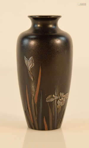 Japanese Mixed Metal Bronze Vase with Iris Motif