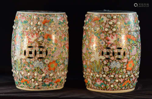 Pair Chinese Porcelain Garden Seat with Milifloral Scene