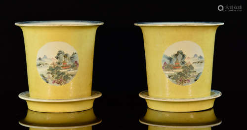 Pair Chinese Yellow Porcelain Planter with Underplate