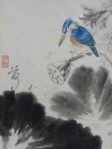 Chinese Water Color Painting of Bird on Lotus