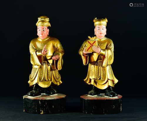 Large Pair Chinese Carved Wood Figurine with Seal