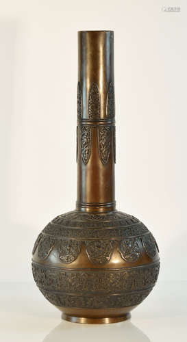 Japanese Bronze Long Neck Vase with Stylised Dragon Motif