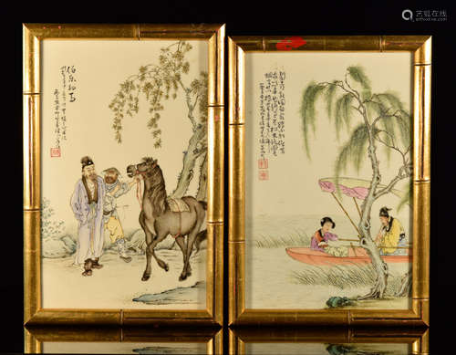 Pair Chinese Porcelain Tiles in Frame - Figural Scene