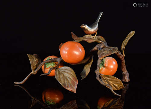 Japanese Bronze Group of Bird and Persimmons