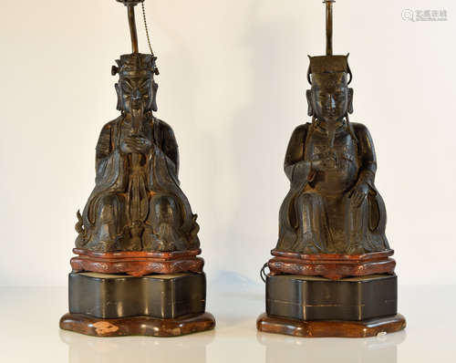 Pair Chinese Ming Bronze Seated Officer