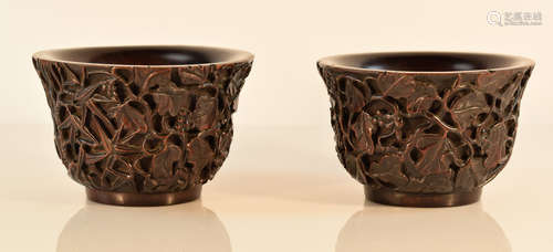 Pair Chinese Rosewood Scholar Libation Bowls