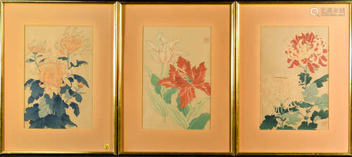 Three Framed Japanese Wood Block Print of Floral Scene