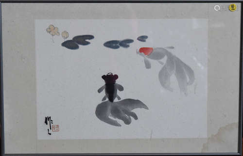 Chinese Framed Painting Art - Signed - Gold fish