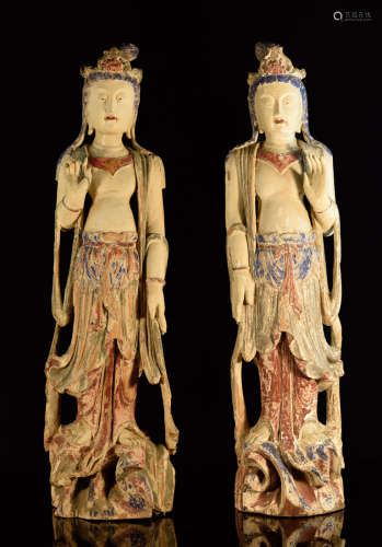 Pair Chinese Wood Kuanyin with Polychrome Pigment