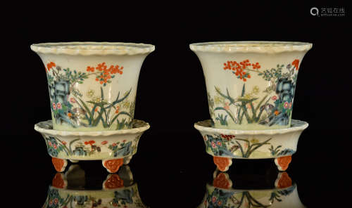 Pair Chinese Porcelain Planters with Underplates - Rock and Lingzi