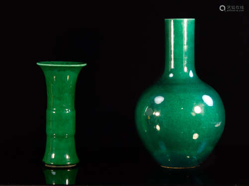 Two Chinese Green Monochrome Porcelain Vases