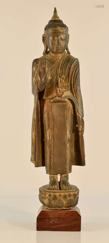 Buemese Standing Bronze Buddha with Gold Accent - 16/17th cen