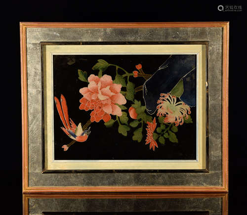 Pair Chinese Export Reverse Glass Painting of Peony